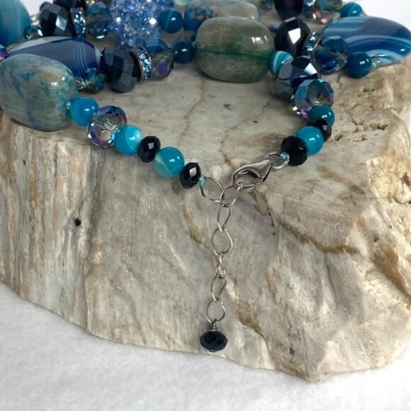 Sterling Silver 925 Blue Dyed Banded Agate & Chrysocolla Quartz Beaded Necklace - Picture 11 of 16